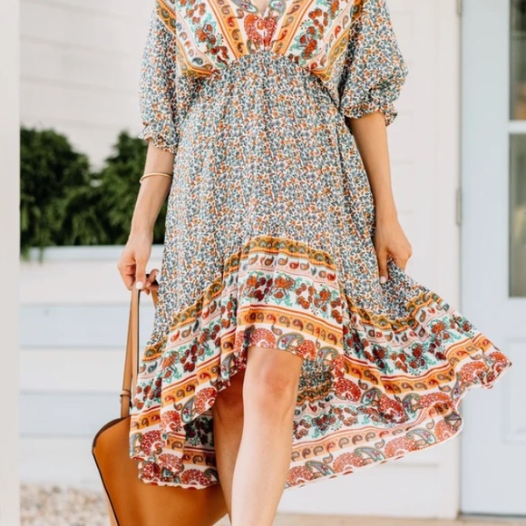 💼S Last One 🏜Sunset Boho Tile Flower Dress New - Picture 7 of 12